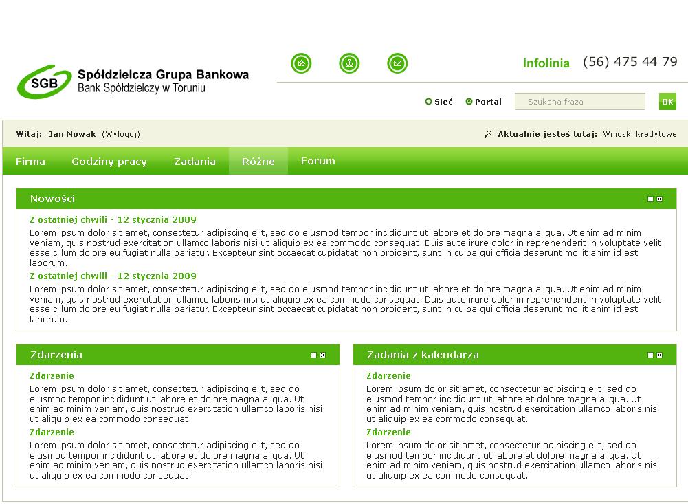 Ekran strony internetowej banku Spółdzielcza Grupa Bankowa, prezentujący sekcje: Firma, Godziny pracy, Zadania, Różne, Forum, Nowości, Zdarzenia, Zadania z kalendarza.